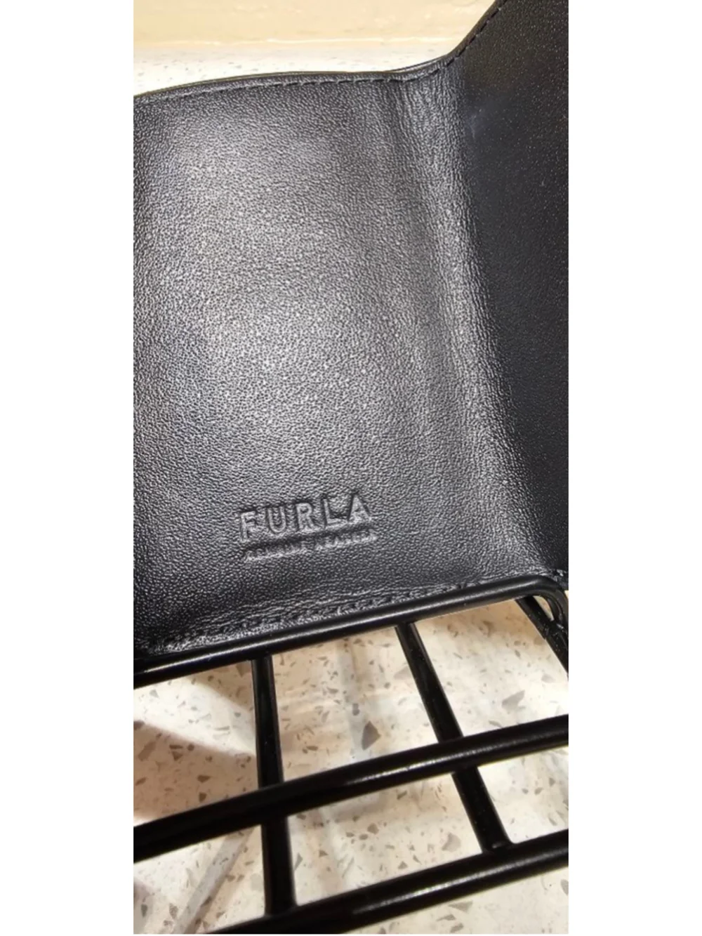 Compact Tri-Fold Black Furla Wallet with Gold hardware